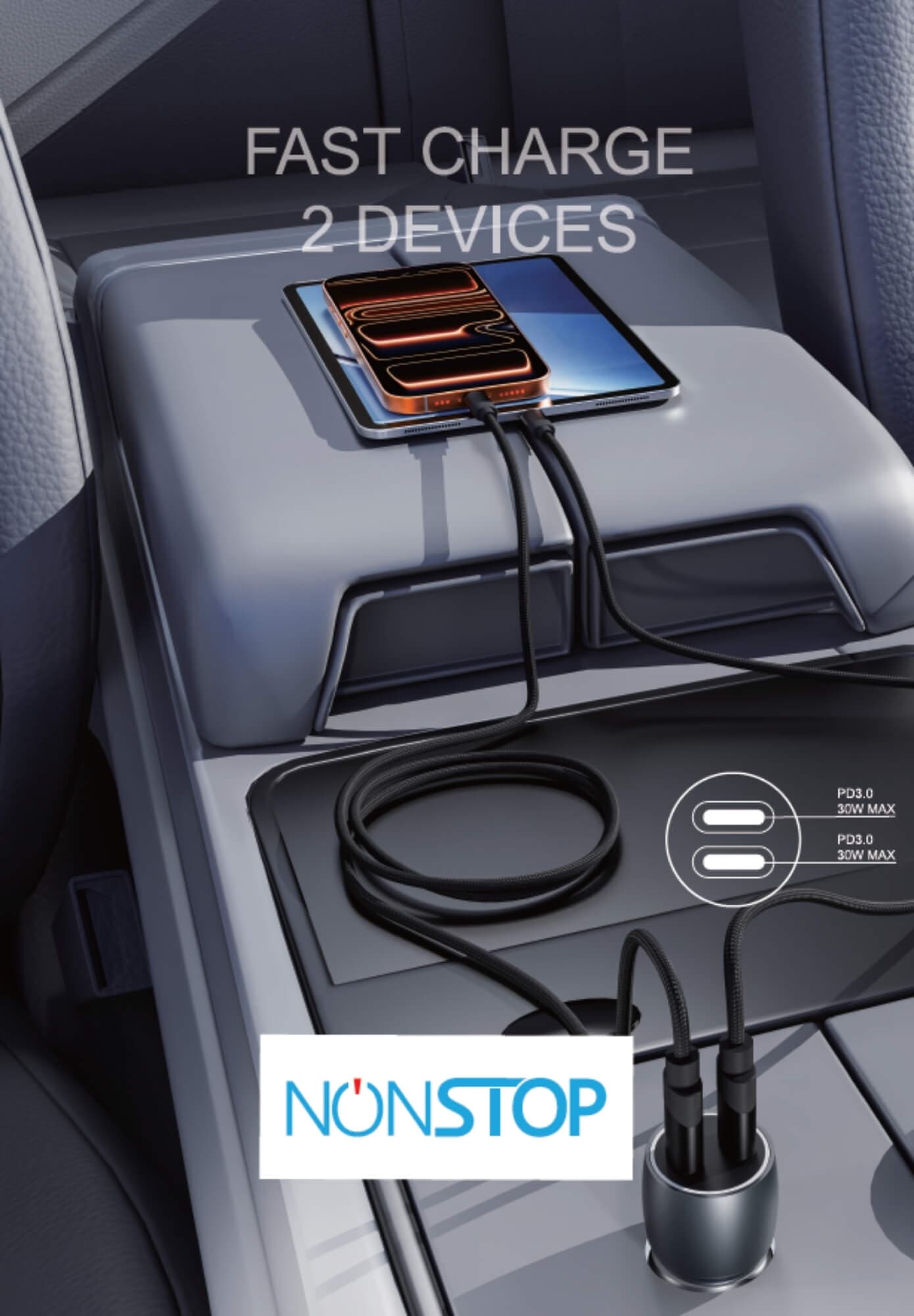 מטען רכב 2 יציאות NONSTOP PowerLine PD 60W