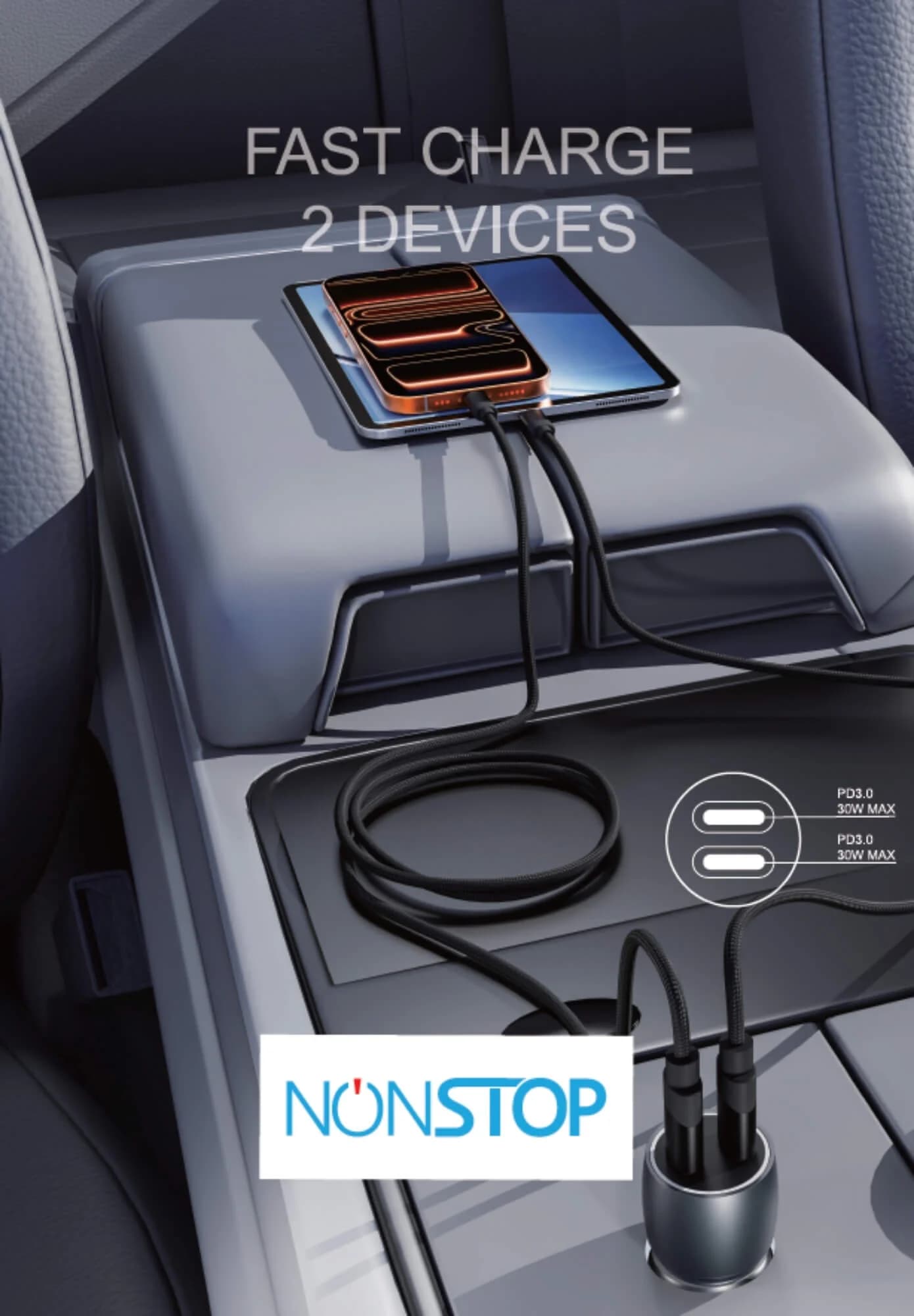 מטען רכב 2 יציאות NONSTOP PowerLine 2×PD 60W + כבל USB-C to USB-C