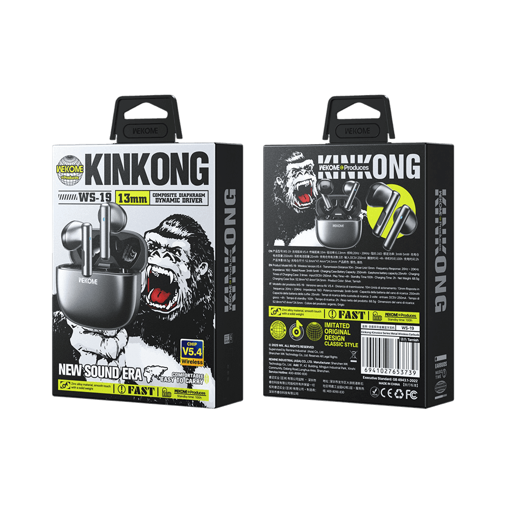 אוזניות אלחוטיות WEKOME WS-19 KingKong בצבע אפור כהה