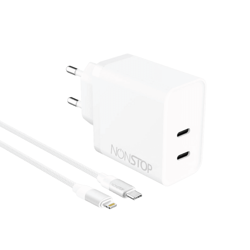 מטען בית לבן +כבל NONSTOP PowerLine 2*PD 45W C-L