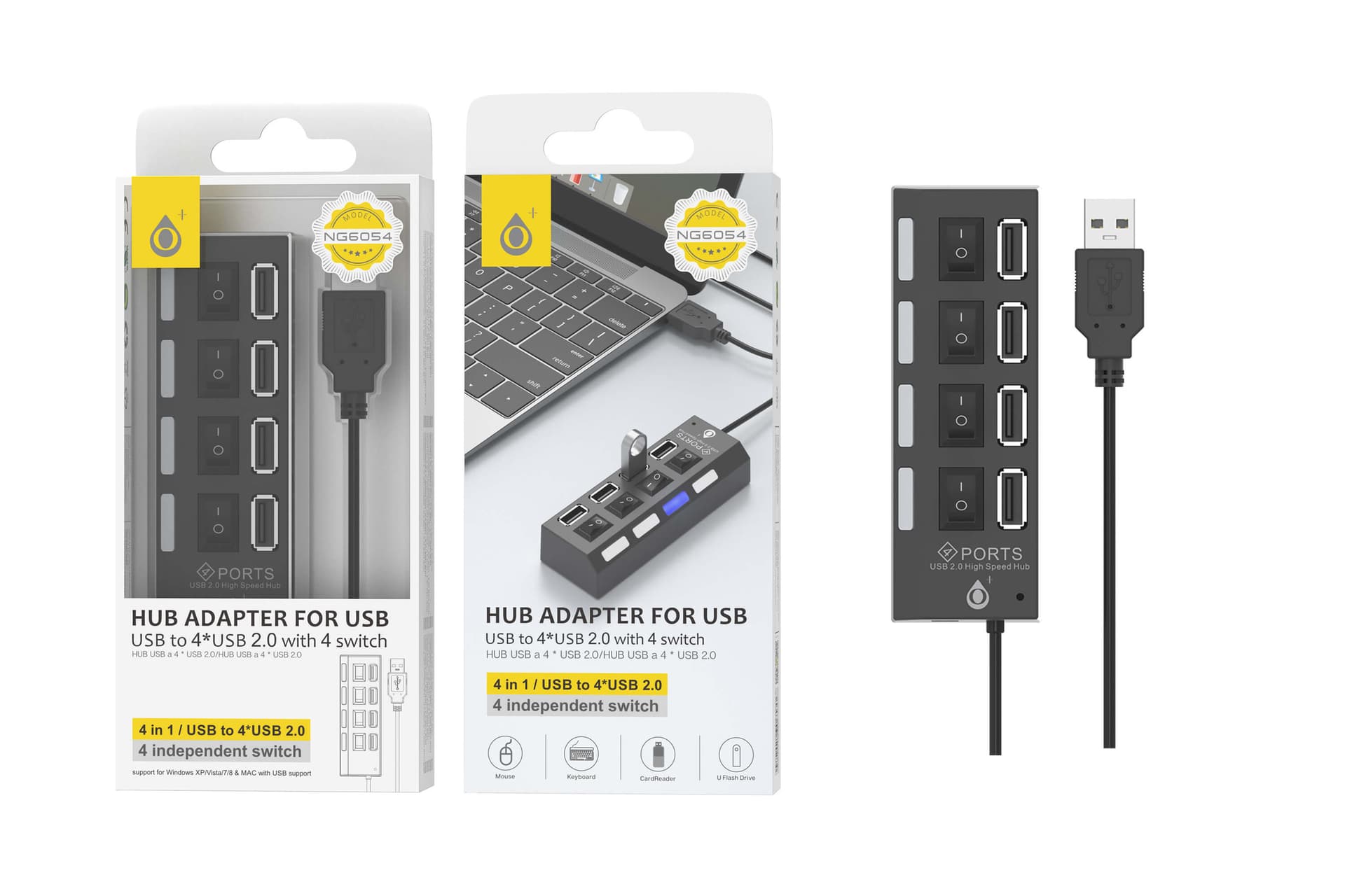 מפצל USB דגם MTK NG6054 עם 4 יציאות USB 2.0 + מתגי ON/OFF - צבע שחור