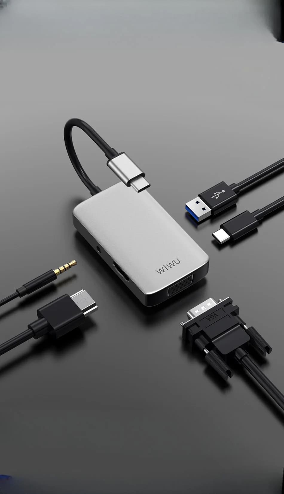 מתאם WIWU Alpha 513HVP HDMI+ 3.5 Audio+ type C+ USB 3.0+ VGA