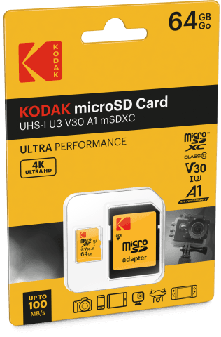 כרטיס זיכרון Kodak Ultra Peformance Micro SD 64GB 4K + מתאם