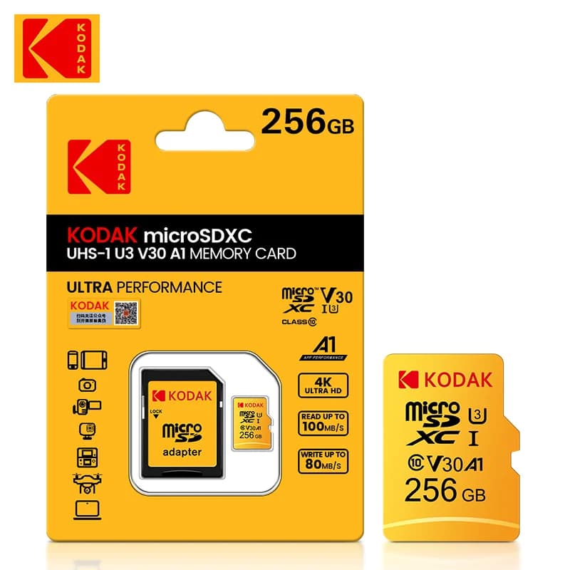 כרטיס זיכרון Kodak Ultra Peformance Micro SD 256GB 4K + מתאם
