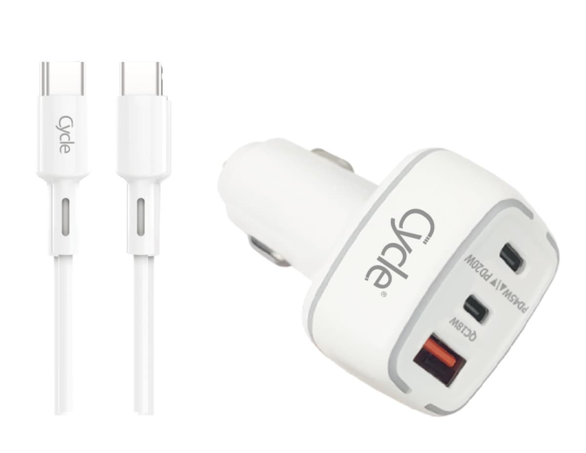 מטען לטלפון לרכב QC PD 65W טעינה מהירה עם 2 יציאות USB-C, יציאת USB-A + כבל USB-C ל-USB-C מבית CYCLE