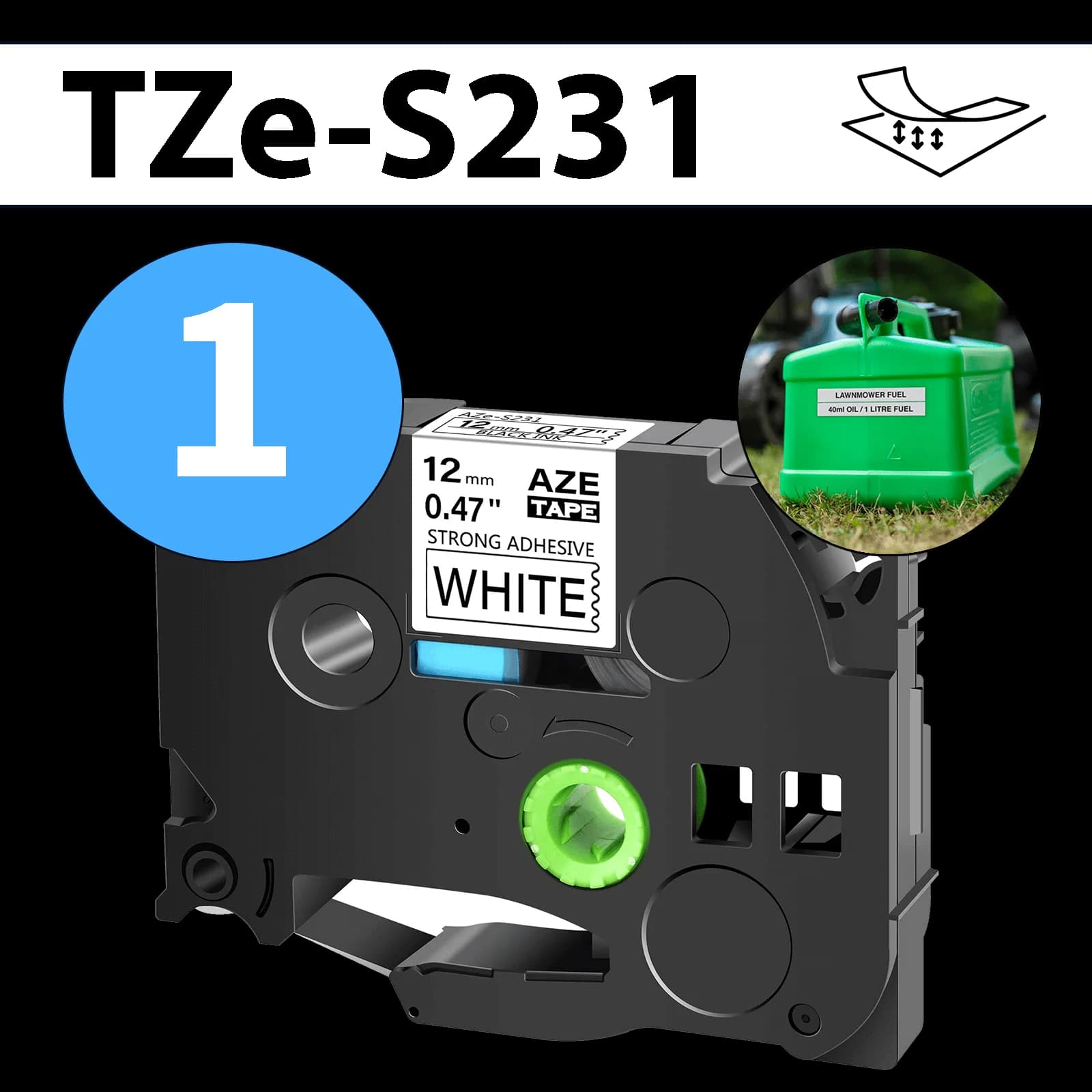 סרט מדבקה TZe-S231 תואם פרימיום שחור על לבן 12 מ״מ (דבק מחוזק במיוחד - למשטחים מחוספסים ולא ישרים)