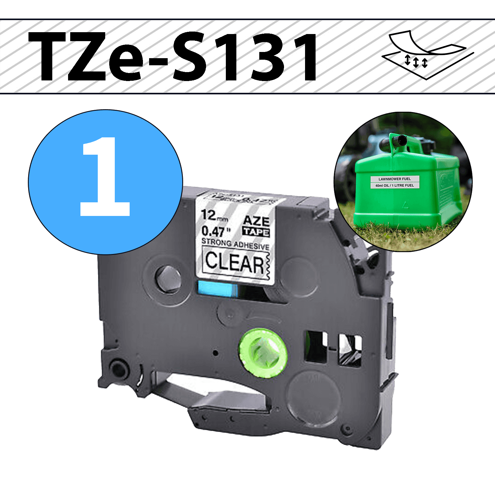 סרט מדבקה TZe-S131 תואם פרימיום שחור על שקוף 12 מ״מ (דבק מחוזק במיוחד - למשטחים מחוספסים ולא ישרים)