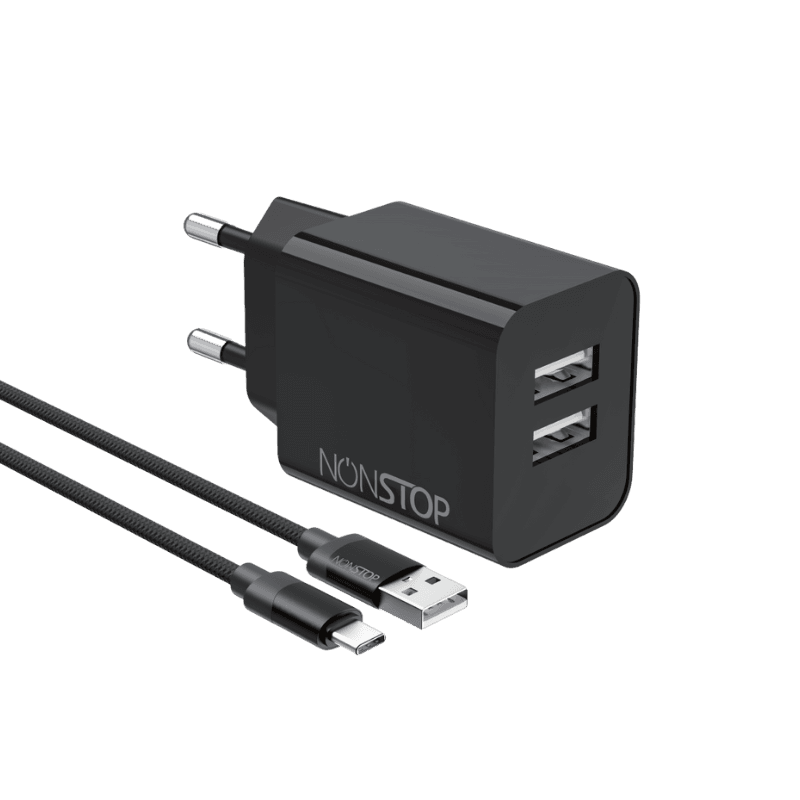 מטען קיר 2 יציאות NONTOP PowerLine 15W USB + כבל USB-A ל-USB-C