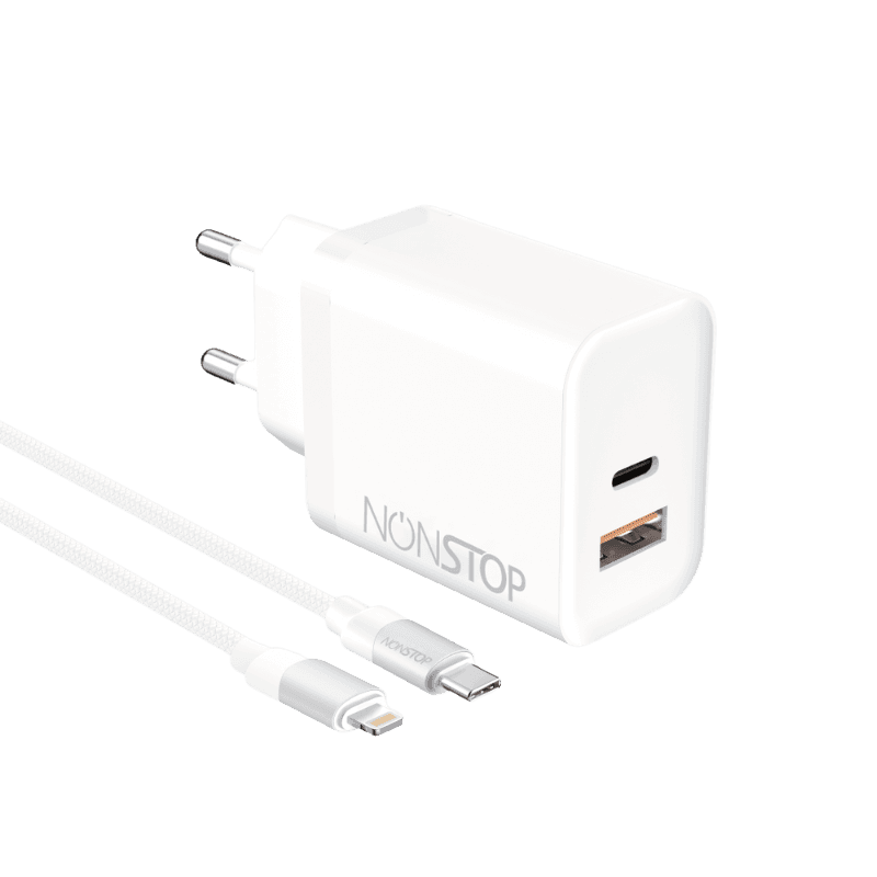 מטען קיר לבן 2 יציאות NONSTOP PowerLine PD 25W + כבל USB-C ל Lightning