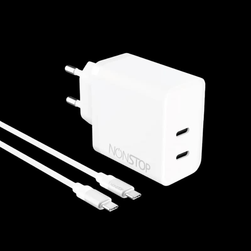 מטען קיר לבן 2 יציאות NONSTOP PowerLine 45W USB-C PD + כבל USB-C