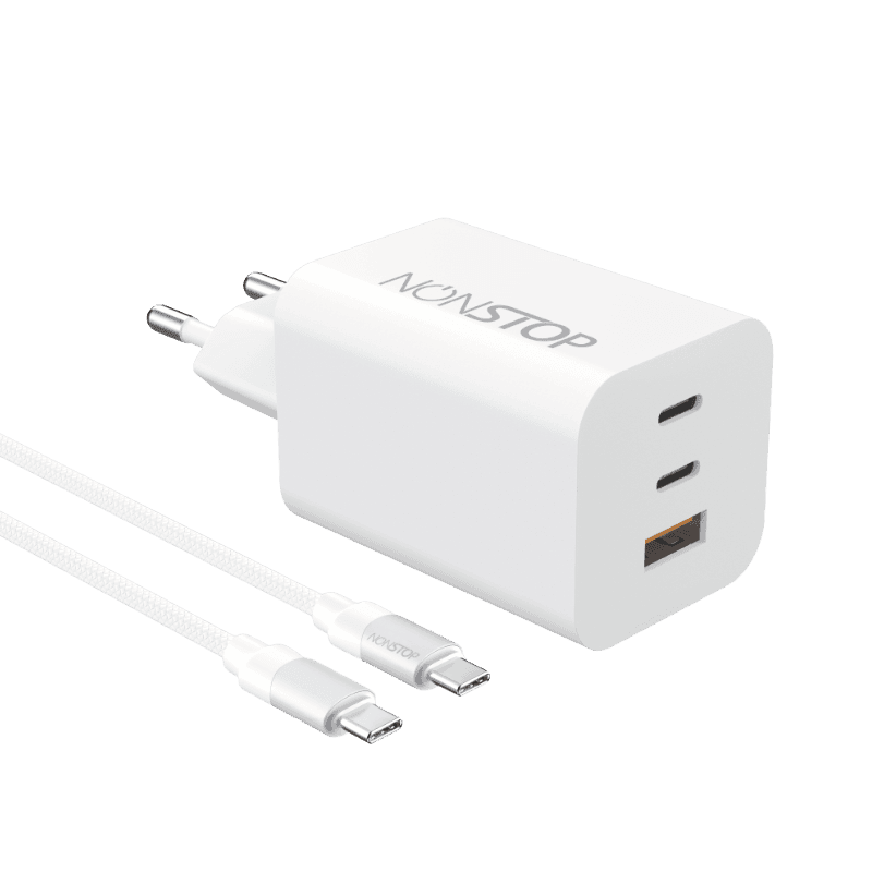 מטען קיר לבן 3 יציאות NONSTOP PowerLine 65W USB-C PD + כבל USB-C