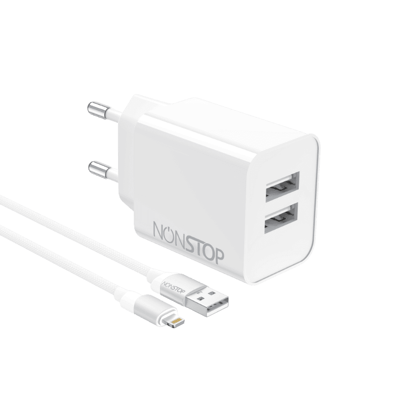 מטען קיר 2 יציאות NONSTOP PowerLine 15W USB + כבל USB-A ל-Lightning (צבע לבן)